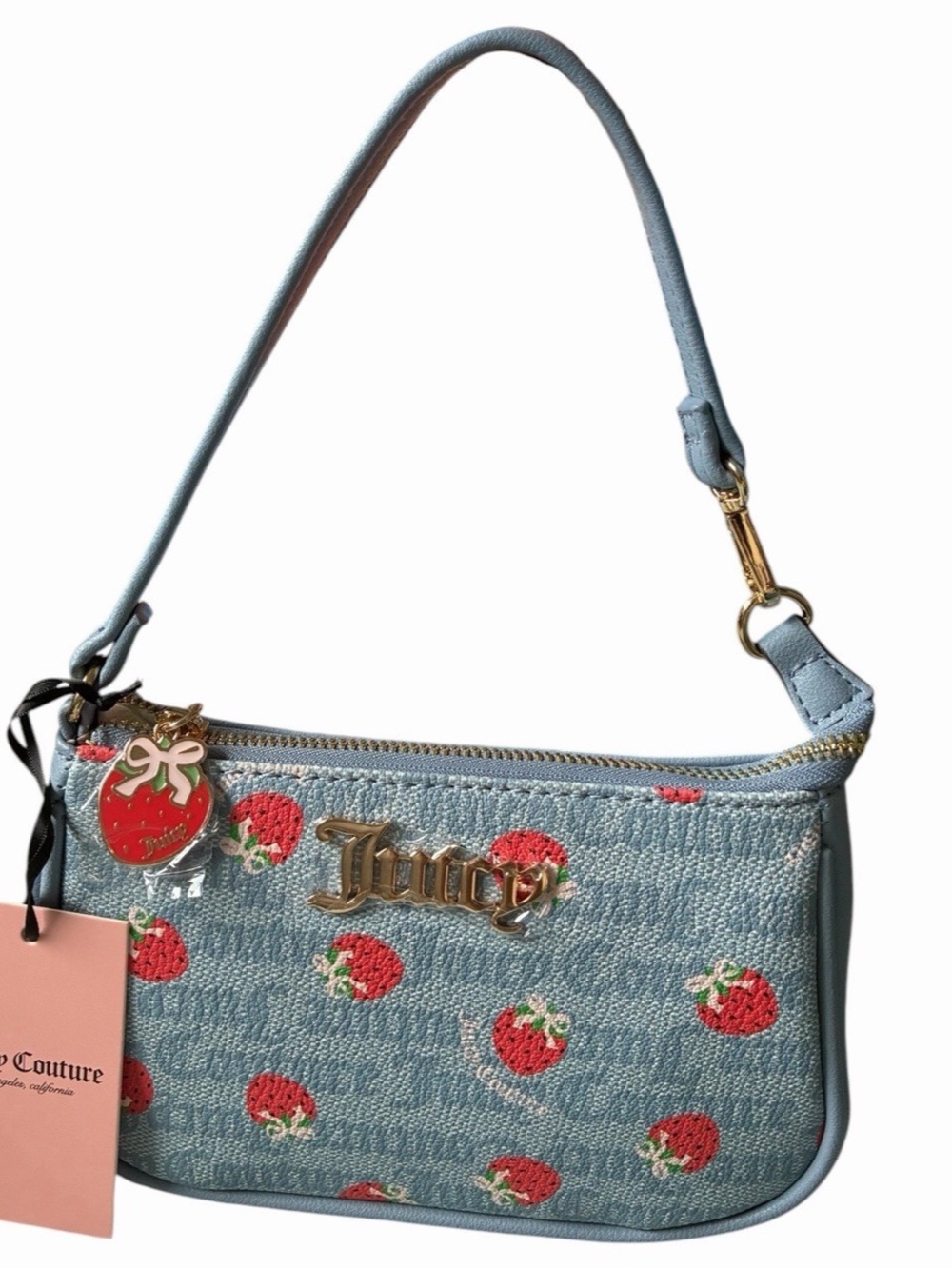 Juicy Couture Light Blue Strawberry Jacquard Mini Bag with Gold Hardware
